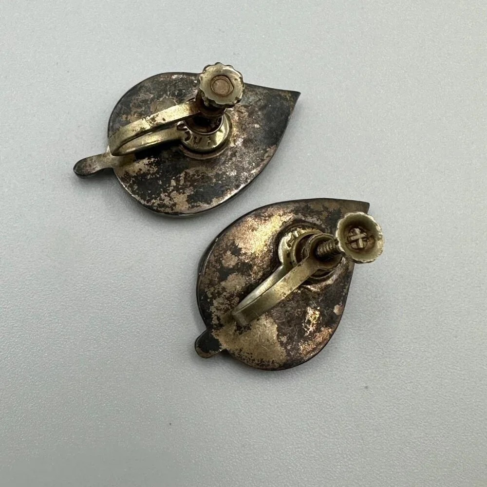 Vintage Abalone Leaf Earrings Screw Backs Sterling Silver Iridescent Shell